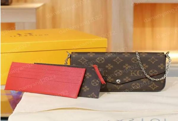 

3pcs set genuine leather women classic pochette felicie bag luxury designer handbag handbags shoulder handbag clutch tote messenge3661625, Red;black