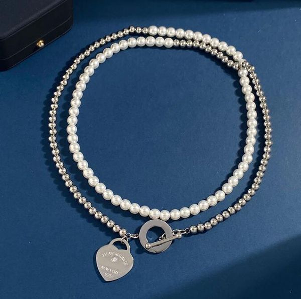

luxury letter love heart necklace bracelet stainless steel design ot button necklace double pearl steel bead diamond heart clavicle chain br, Golden;silver