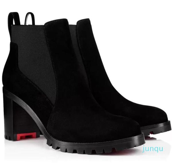 

2021s women black leather boot ankle boots high heels chunky heeled booty marchahe calf leathers ankles booties platform rubber soles size35