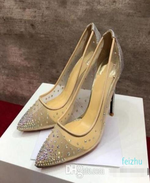 

the new fashion women pumps peep toe crystal buckle strap party wedding shoes golden air mesh seethrough ankle 3345310, Black
