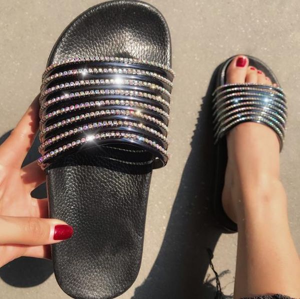 

ladies slippers glossy flash diamond beach women sandals home leisure oneword sandals casual shoes size 35415326005, Black