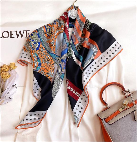 

women scarf foulard satin scarf female silk head scarves for ladies hand sewn edges scarf 908872281, Blue;gray