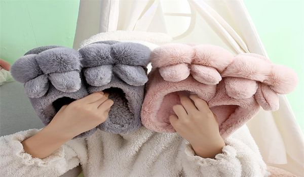 

rabbit ear designer winter indoor bedroom women fur slippers warm faux fur ladies slides flats comfortable women furry slippers 203320007, Black
