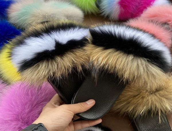 

custom fox raccoon mink fur slipper sandals slide for women09111574, Black