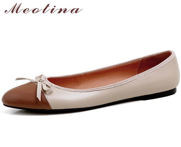 

meotina natural genuine leather ballet flats women shoes bow round toe dress flat shoes shallow female footwear 2021 black 33434199568