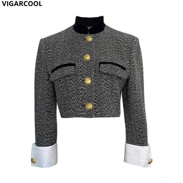 

women s jackets jaket mode retro pakaian wanita musim semi desain rasa kerah berdiri berkuda mantel pendek wol prancis 230904, Black;brown