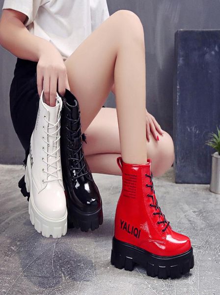 

2020 women motorcycle ankle boots wedges female lace up platforms autumn winter leather oxford shoes woman high heels size 34395754956, Red;white