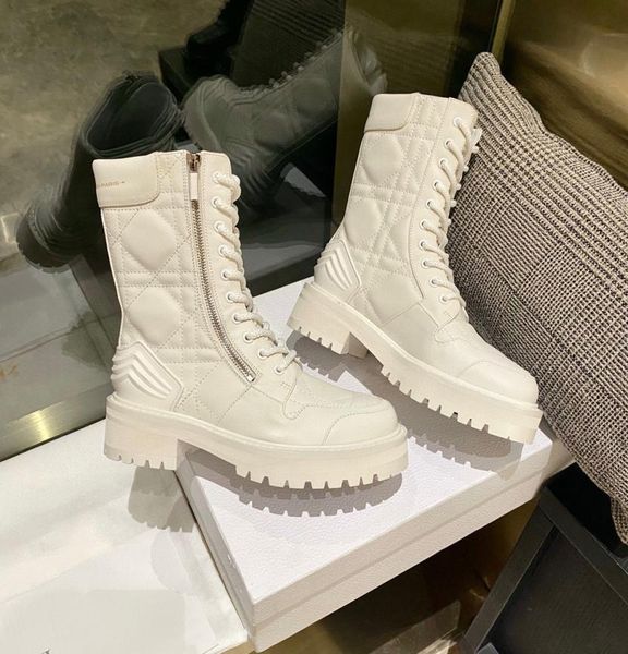 

white leader calf leather ankle combat boots laceup vamp rounded toe side zipper chunky flats platform block heel booties luxury 1332603, Black
