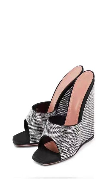 

peep toe shiny rhinestone upper wedges slingback slippers square head slipon designer women039s party walkshow shoes7148363, Black