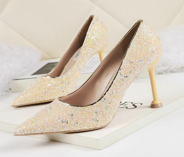 

fasjopm designer sequins bridal shoes pointed toe shallow 95cm thin heel pumps lady wedding banquet single shoes 9888194243569, Black