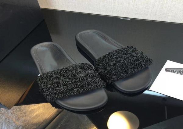 

women mules sandals pearls sliders stuffies lambskin black white flat slippers ladies beach rubber flip flops with box3913842