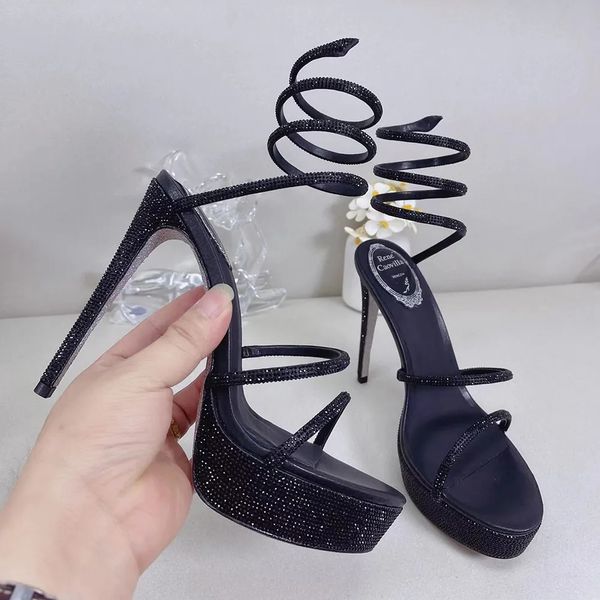 

sandals new snake shaped winding high-heeled sandals womens dress shoes stiletto ankle wraparound shoe rhinestone embellished luxury designe, Black