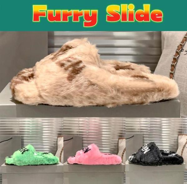 

2022 luxury designer slippers allover logo furry slide sandals with box men women white pink black beige ebony logo flat fashion s5900356