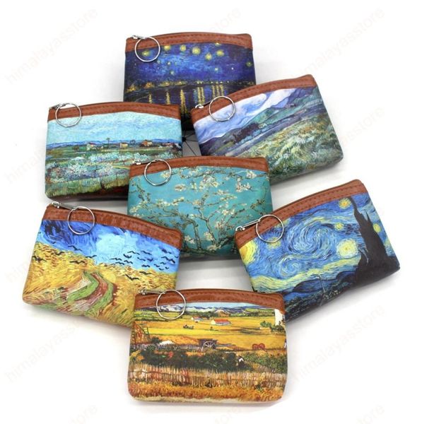 

creative classic print pu coin purse landscape oil painting vintage purse lady small square wallet mini bag1214124, Red;black