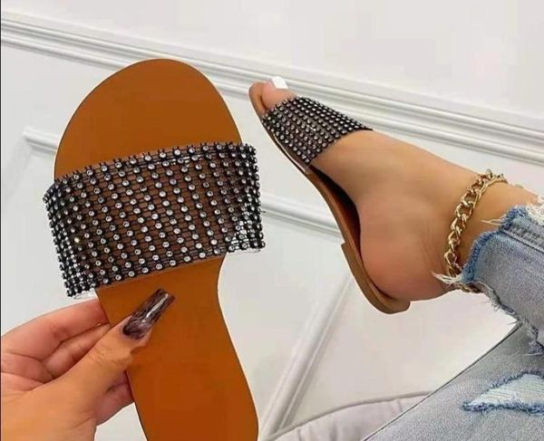 

slippers summer shoes woman rhinestone sandals for women 2021 flat ladies beach sandles designer slides luxury sandels2677380, Black