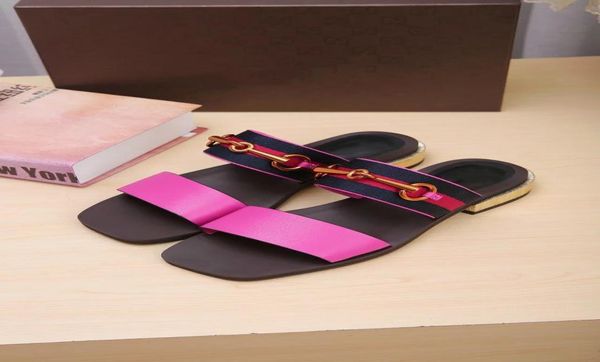 

early spring classic lady sandals buckle metal buckle flat slippers leather flat bottom beach slippers mixed color clip toe stripe4547286, Black