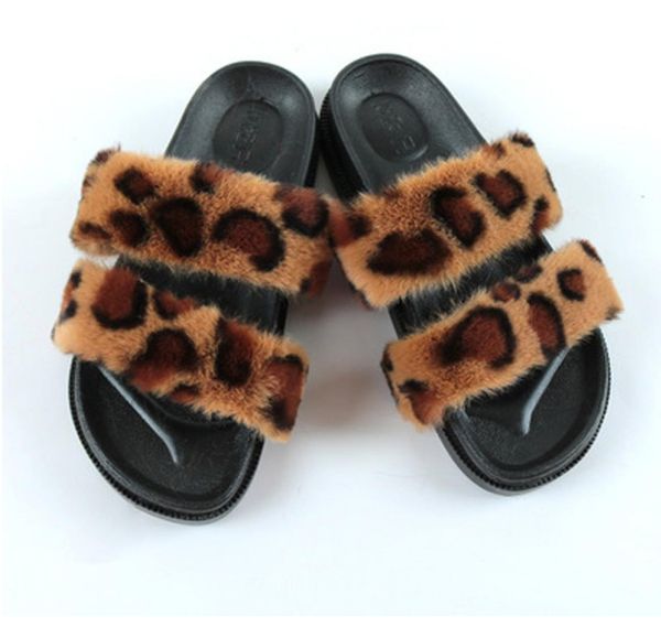 

women lady leopard faux fox striped fur slippers sandals summer furry fluffy fuzzy slides outdoor toeless double strap multicolore8742876, Black