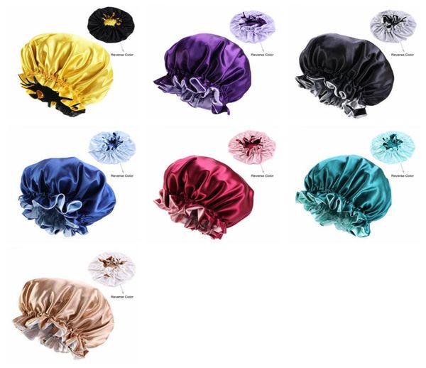 

new silk night cap double side wear women head cover sleep cap satin bonnet for beautiful hair wake up perfect daily lls2128732259, Blue;gray