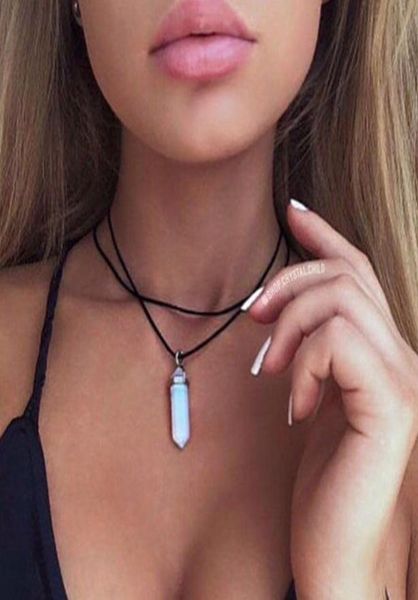 

whole bullet hexagonal column necklaces natural crystal pendants stone pendant leather chains necklace for women fashion jewel1945946, Silver