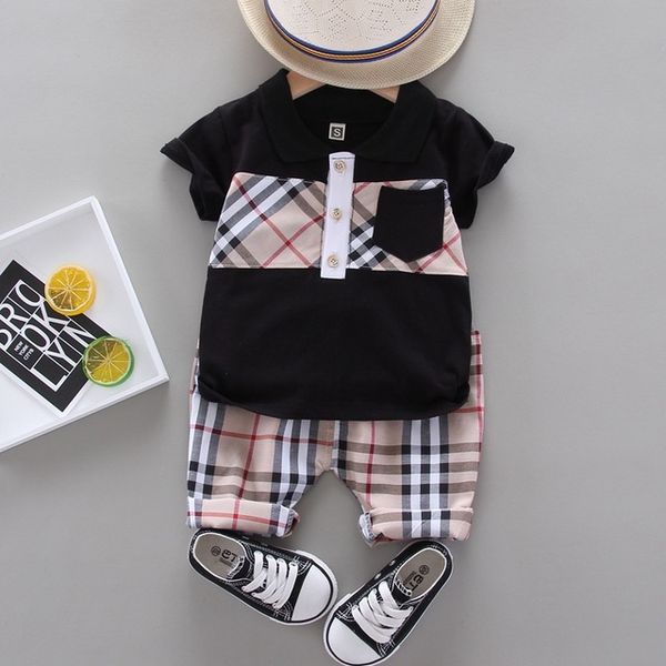

0-5 years baby boys polo short sleeve + shorts suits cotton striped plald children's clothing comfortable cute, White