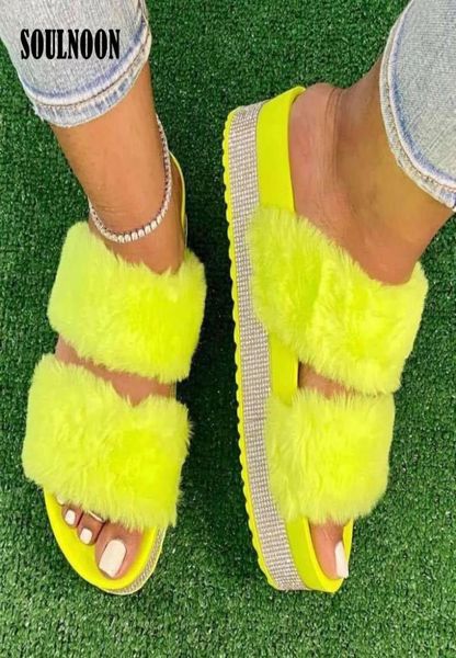 

rhinestone slippers women fluffy fur slides white pink platform furry slipper female fur flip flops summer ladies sandals q05083536577, Black