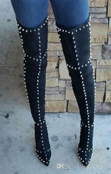 

new metal nail genuine leather cashmere pointed highheeled shoes stage models show street women039s boots6295274, Black