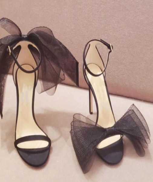 

net yarn lace bow new stiletto buckle belt allmatch highheeled fashion sandals female summer5284927, Black