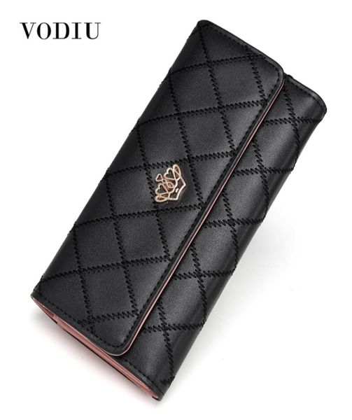 

2017 cute crown luxury trifold plaid leather women brand long wallet wristlet female clutch purse phone coin card holder cuzdan2357499, Red;black