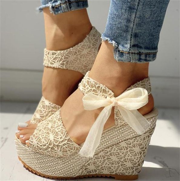 

women lace heels bowknot wedge sandals slides summer platform sandal buckle strap peep toe thick bottom casual shoes party dressy 8315705, Black