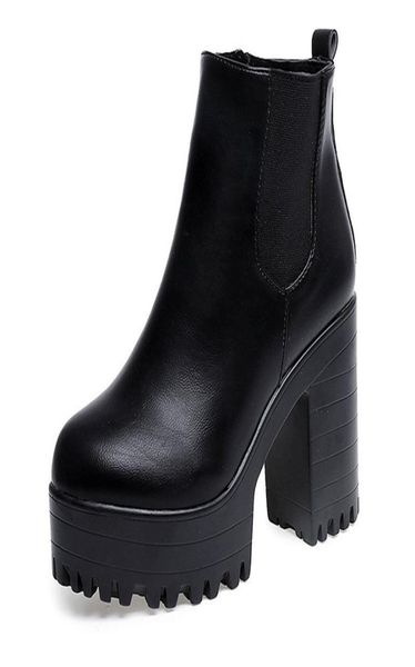 

block heel winter boots women chunky platform shoes women ankle boots high heels platform heels boots leather woman shoes bota pla9045633, Black