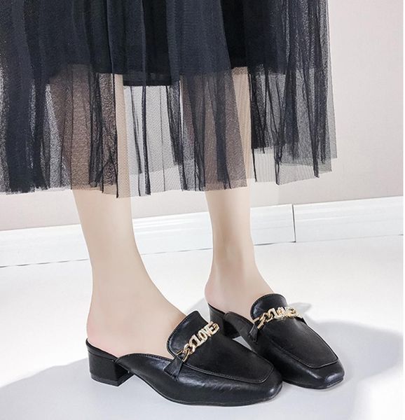 

women039s summer chain mules shoes black leather low heel sandals lazy toecovered slippers ladies flat sandals female flip flo1975015