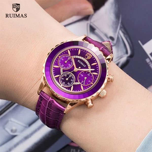 

2020 ruimas colored watches women luxury purple leather quartz watch ladies fashion chronograph wristwatch relogio feminino 592310u, Slivery;brown