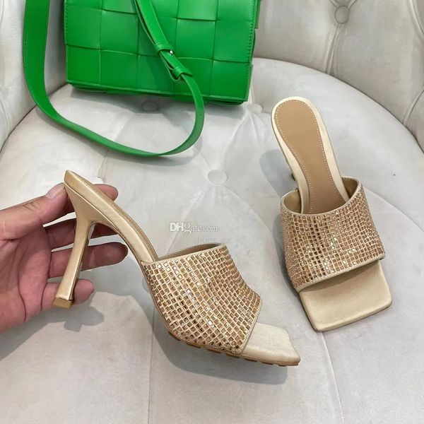 

new rhinestones mule slides sandals square toe heels slip on stiletto heeled open toe shoes women's luxury designer evening shoes .5c, Black