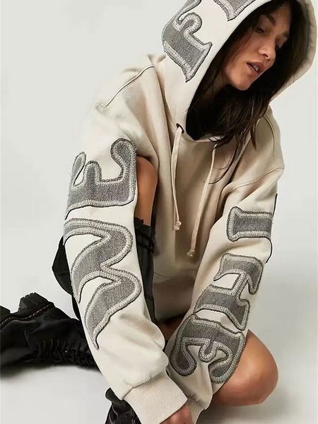 

men s hoodies sweatshirts kebesaran hoodie bordir huruf wanita sweatshirt vintage kasual berkerudung lengan panjang pullover 2023 musim gugu, Black