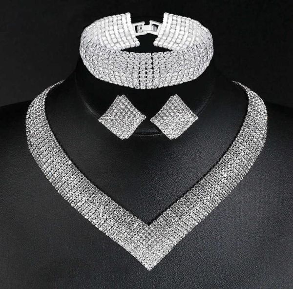 

jewelry sets womens silver gold plated bling bride elegant shiny rhinestone earrings necklace bracelet8653075, Black