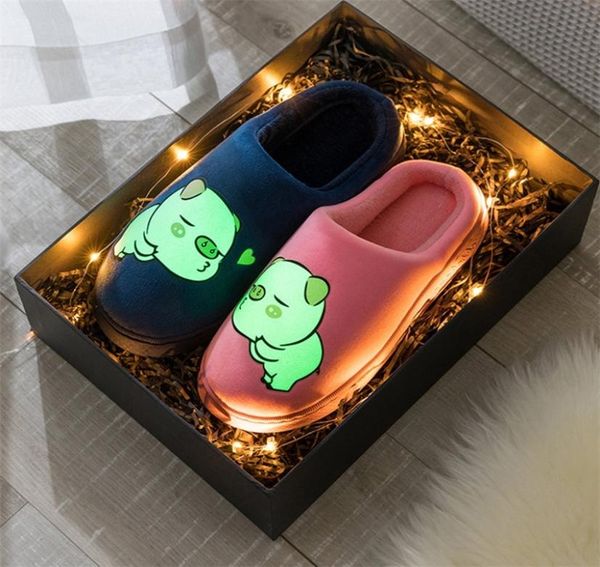 

women luminous slippers cute pig night glitter winter warm couple shoes fur plush fluorescence female flat comfortable 20115527321, Black