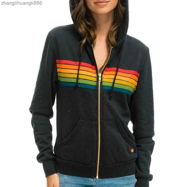 

women's hoodies & sweatshirts donsignet women coat 2021 casual rainbow hooded fashion zip-up striped plus size, Black