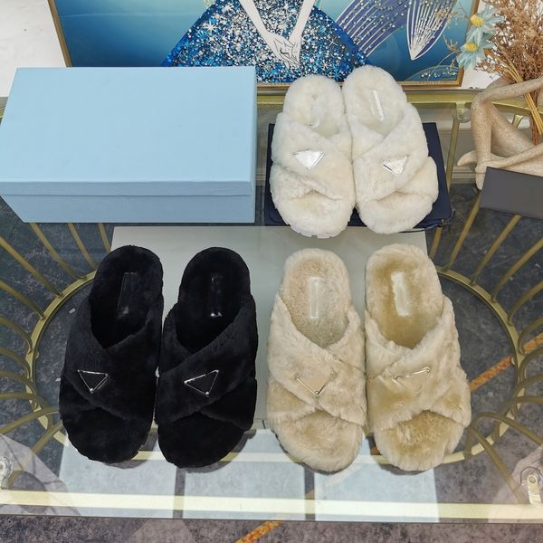

autumn and winter designer triangle logo fur slippers luxury fuzzy slides home furry flat sandals prad female cute fluffy flip flop slippers, Black