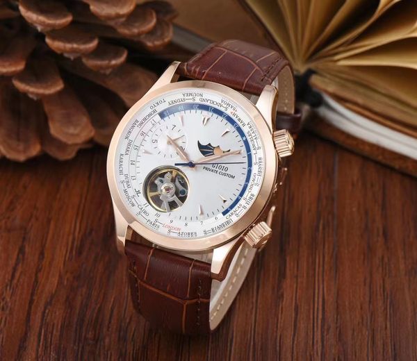 

42mm mens automatic watch mechanical sapphire moon phase year month rose gold black blue leather tourbillion, Slivery;brown
