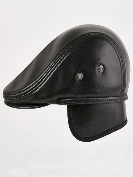 

ht3501 beret cap genuine leather hat autumn winter men earflap cap elder man dad hat with ear flap male black beret12743210, Blue;gray