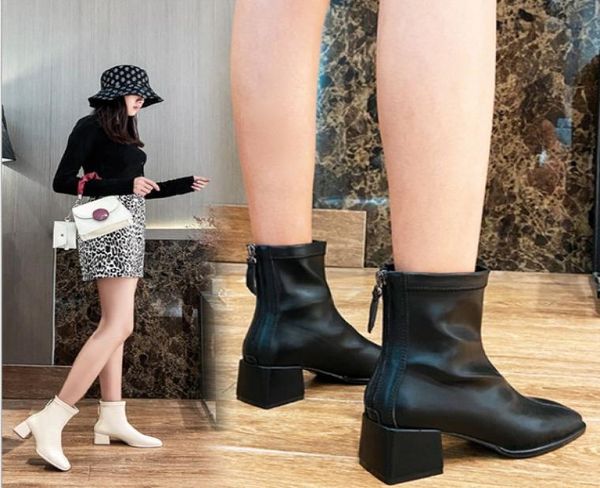 

short boots women 2020 new square toe thick heel martin boots women british style thin soft leather boots trend5400022, Black