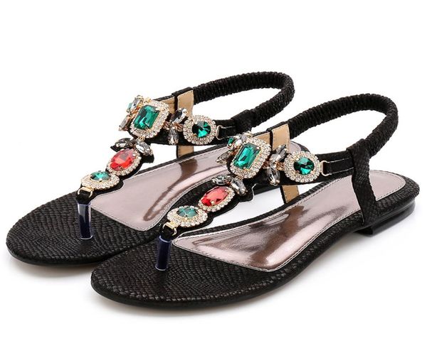 

flat heel bohemia women sandals tstrap luxury beaded leather fashion sandals elastic band beach shoes large size 35432830139, Black