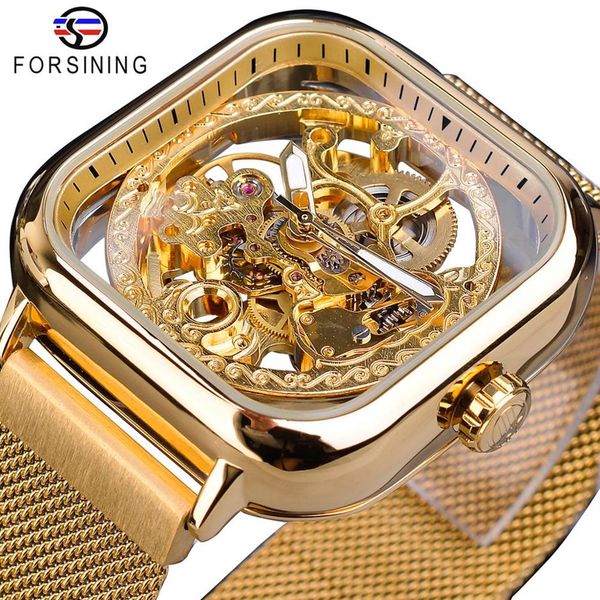 

forsining golden men automatic watch square skeleton mesh steel band mechanical business clock relogio masculino erkek kol saati259q, Slivery;brown
