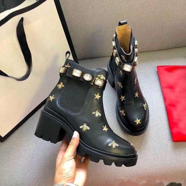 

short boots 100% cowhide belt buckle metal women shoes classic thick heels leather designer shoe high heeled fashion diamond lady boot large, Black