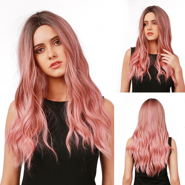 

women's long loose wave ombre pink wig with dark roots without bangs ombre synthetic wig, Black