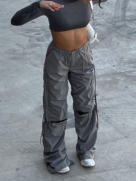 

women s pants s weiyao celana kargo abu abu sobek hip hop longgar dengan saku kaki lebar olahraga jogging serut wanita 230904, Black;white