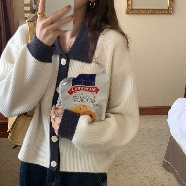 

womens sweaters vintage turn down collar autumn sweater cardigans women single breasted jumpers elegant office lady knitwear thick harajuku, White;black
