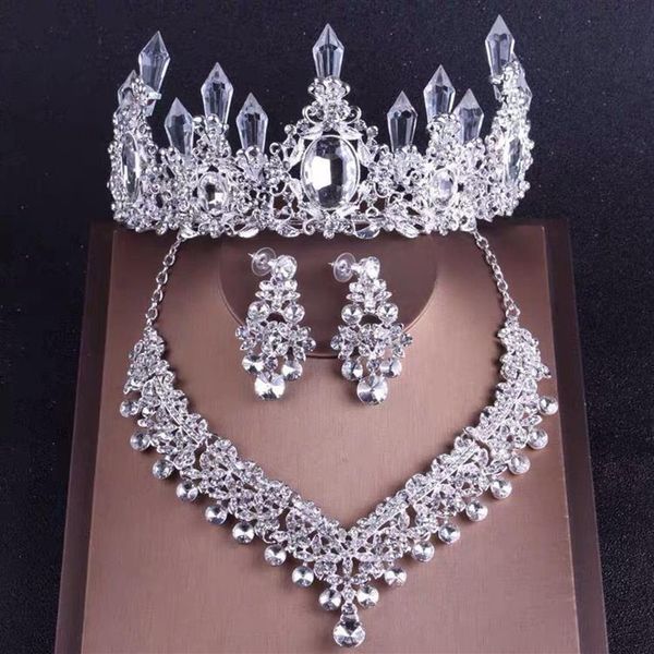 

crown necklace earring set wedding bridal headpieces white crystal pillar rhinestones woman fashion accessories matching party pro245y, Silver