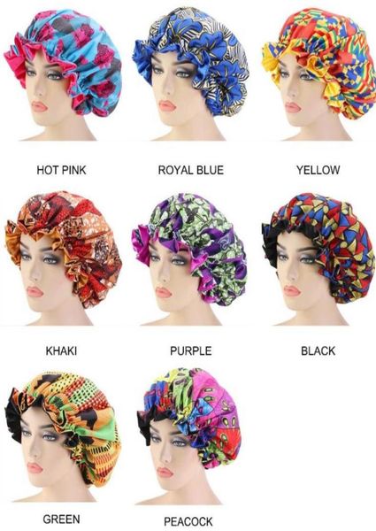 

new extra large satin lined bonnets double layer women african pattern print fabric bonnets night sleep hat hair accessories1683056, Blue;gray