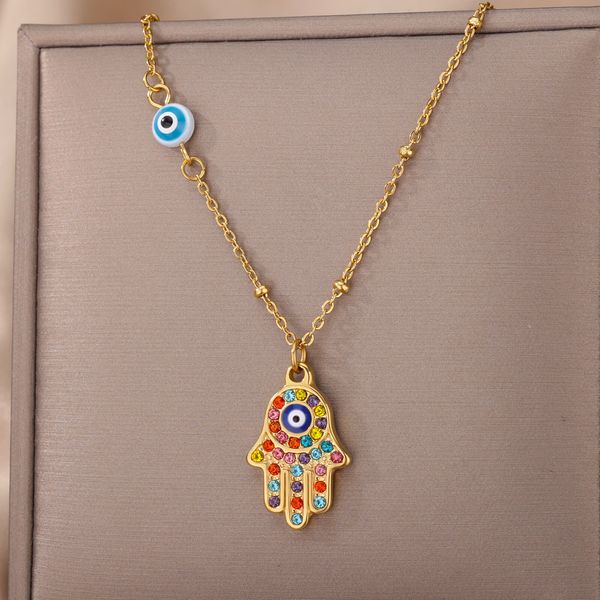 

zircon blue evil eye pendant necklace turkish eye fatima hand chain choker collar palm necklaces for women jewelry, Silver